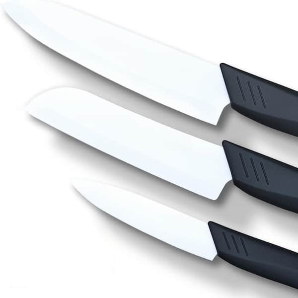 3-Piece Ceramic Knife Set with Black Handle and Sheaths, Chef's Knife, Santoku Knife, Utility Knife Included