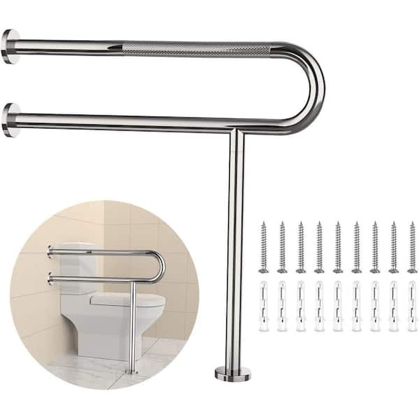 31.3 Inch Anti-Slip Stainless Steel Toilet Grab Bar Wall Mount Chrome Knurled Grip with Leg for Elderly Disabled