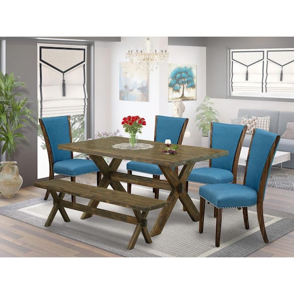 East West Furniture 6-Piece Rectangle Distressed Jacobean Finish Solid Wood Top Dining Table with 1-Bench, 4-Chairs with Lattice Back