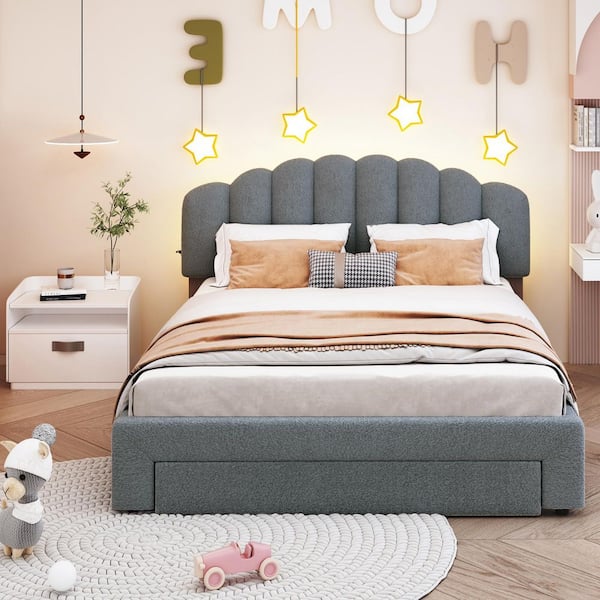 Gray Wood Frame Queen Platform Bed with Headboard, Upholstered and Storage for Bed Room