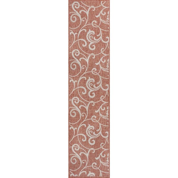 Maribel Salmon/Cream 2 ft. x 8 ft. Traditional Classic All-Over Scroll Indoor/Outdoor Runner Rug