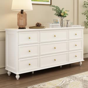 White Wooden 9-Drawer 63 in. W x 15.7 in. D x 31.5 in. H, Chest of Drawers, Make-Up Vanity, Dresser