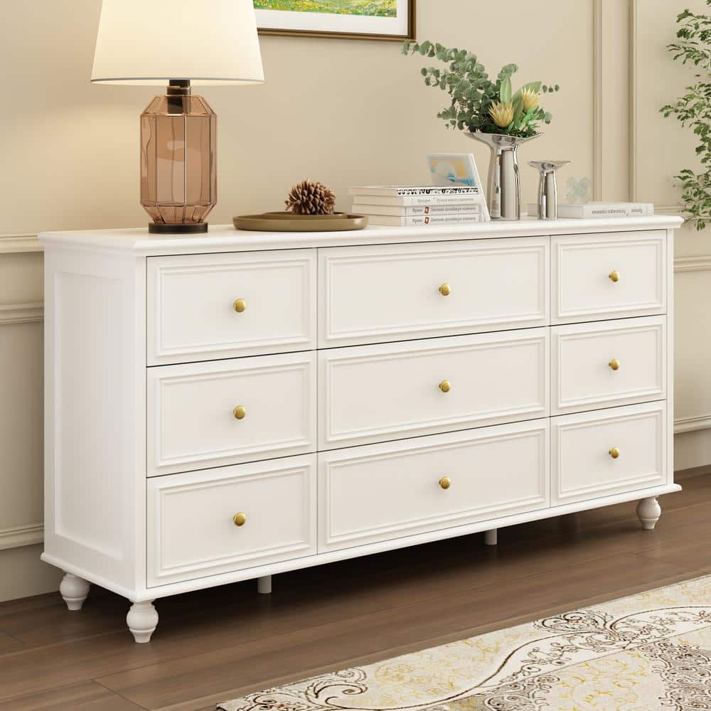 white dresser gold hardware Kingdely Wooden 9-Drawer 63 in. W x 15.7 in. D x 31.5 in. H, Chest of Drawers, Make-Up Vanity, diy white and gold dresser