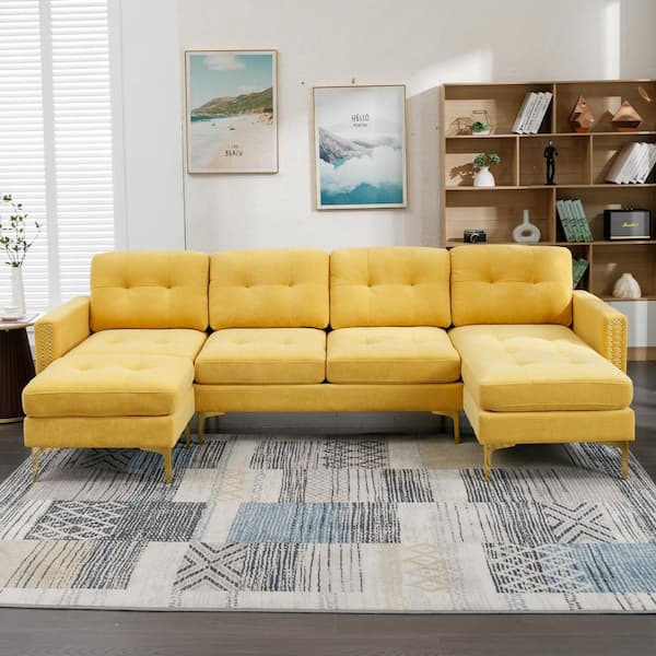 110 in. Square Arm Velvet Rectangle Convertible Sectional Sofa Couch in Yellow with Movable Ottoman
