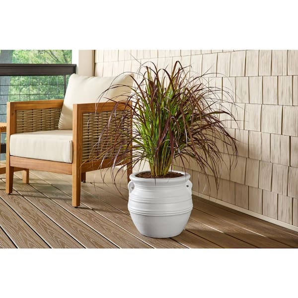 Vigoro Medium White Stone Planter with Handle (12 in. L x 13 in. W