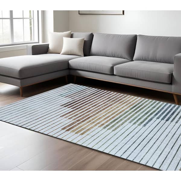 8 ft. x 11 ft. Beige Blue and Brown Striped Area Rug