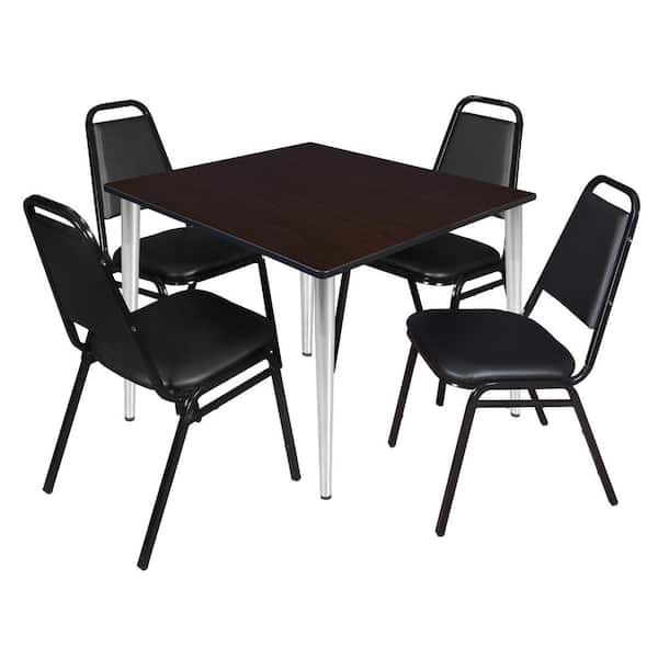 Regency Trueno 48 in. Square Mocha Walnut and Chrome Wood Breakroom Table and 4-Black Restaurant Stack Chairs (Seats-4)