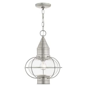Hennington 16.75 in. 1-Light Brushed Nickel Dimmable Outdoor Pendant Light with Clear Glass and No Bulbs Included