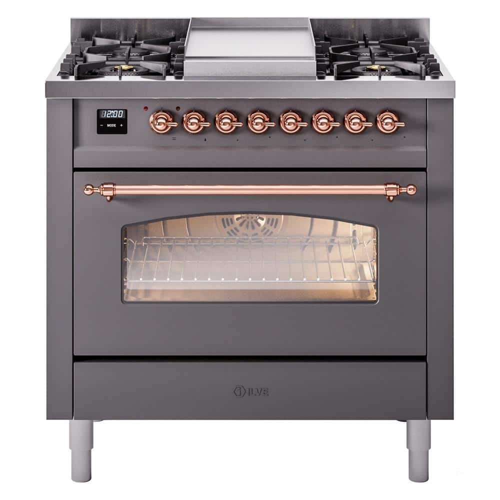 Nostalgie II 36 in. 6 Burner plus Griddle Freestanding Dual Fuel Liquid Propane Range in Graphite Matte with Copper Trim -  ILVE, UP36FNMPMGPLP