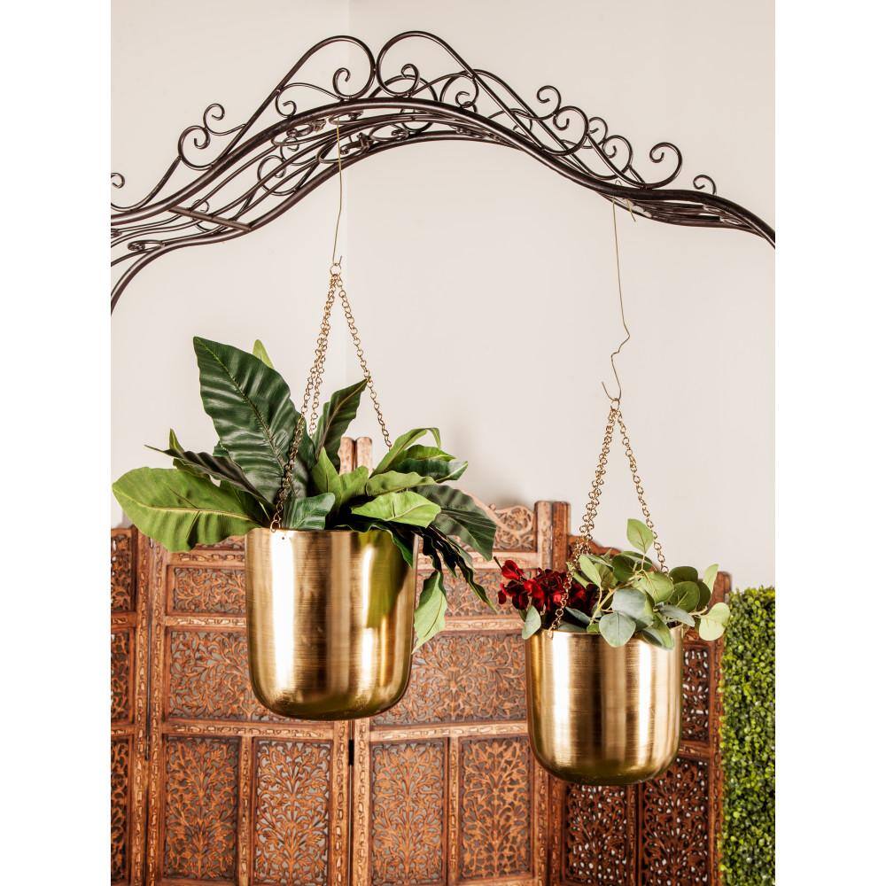 Elegant Gold Iron Hanging Planter Duo for Indoor & Outdoor Decor
