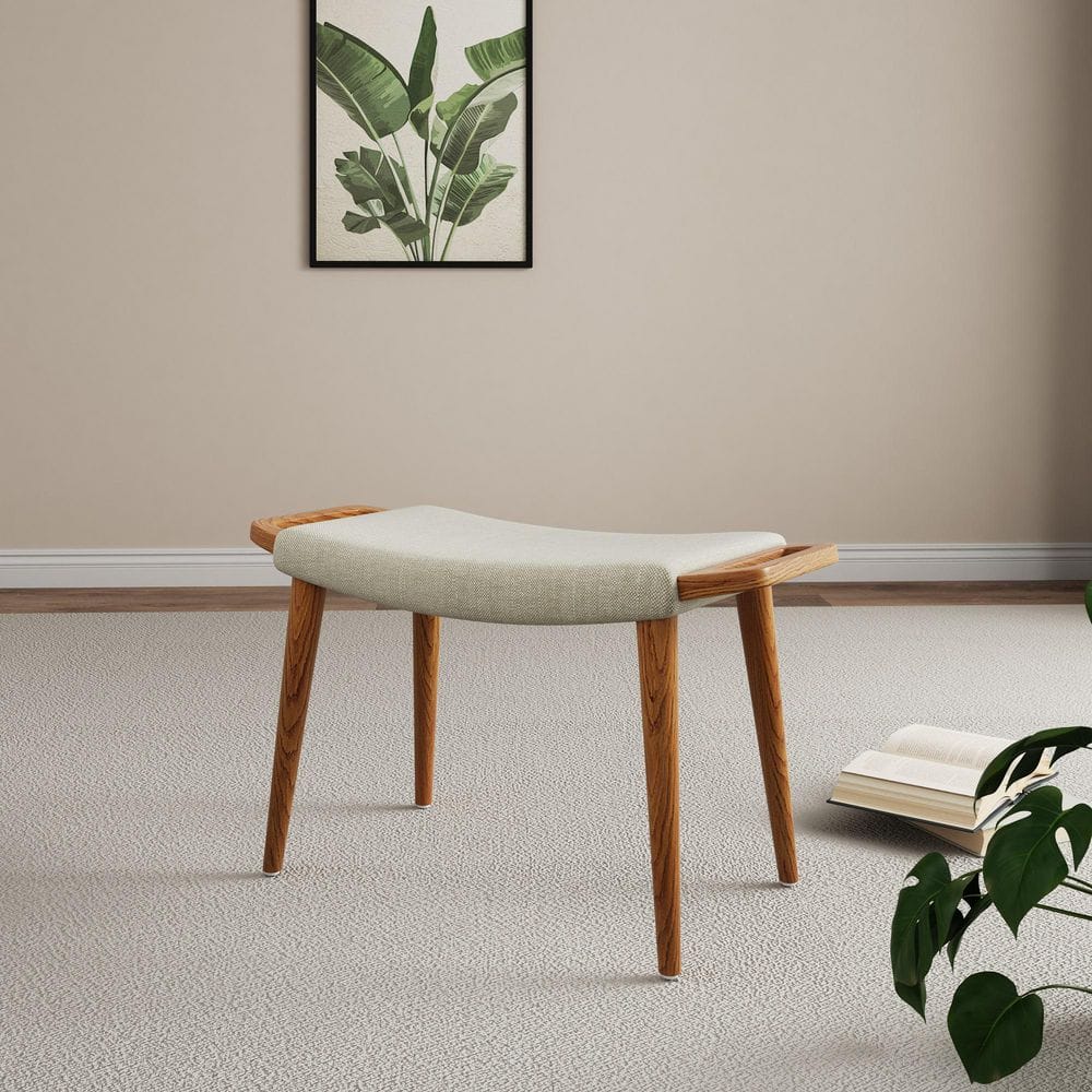 Mid-Century Barley Cream Linen & Antique Walnut Ottoman