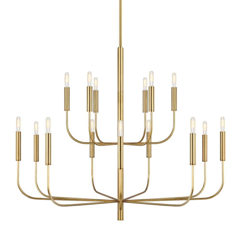 Burnished Brass 15-Light Chandelier with Linen Shades