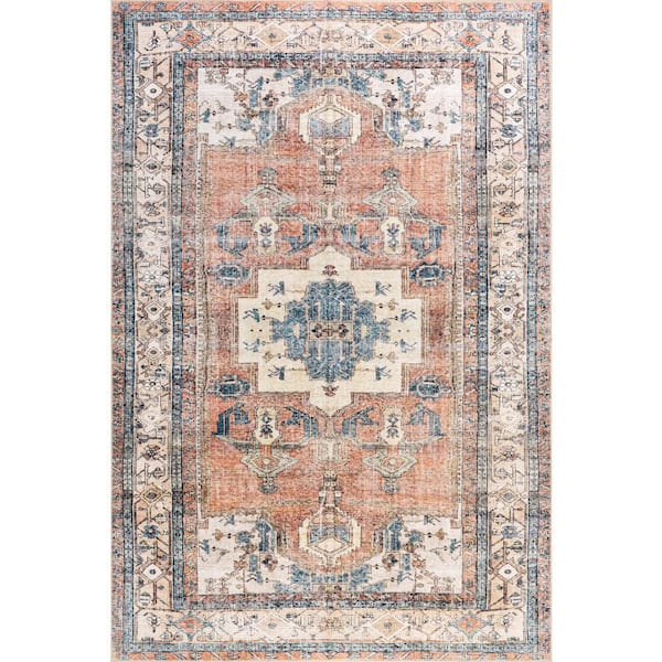 Fading Oriental Spill Proof Washable Light Rust 9 ft. x 12 ft. Indoor Area Rug