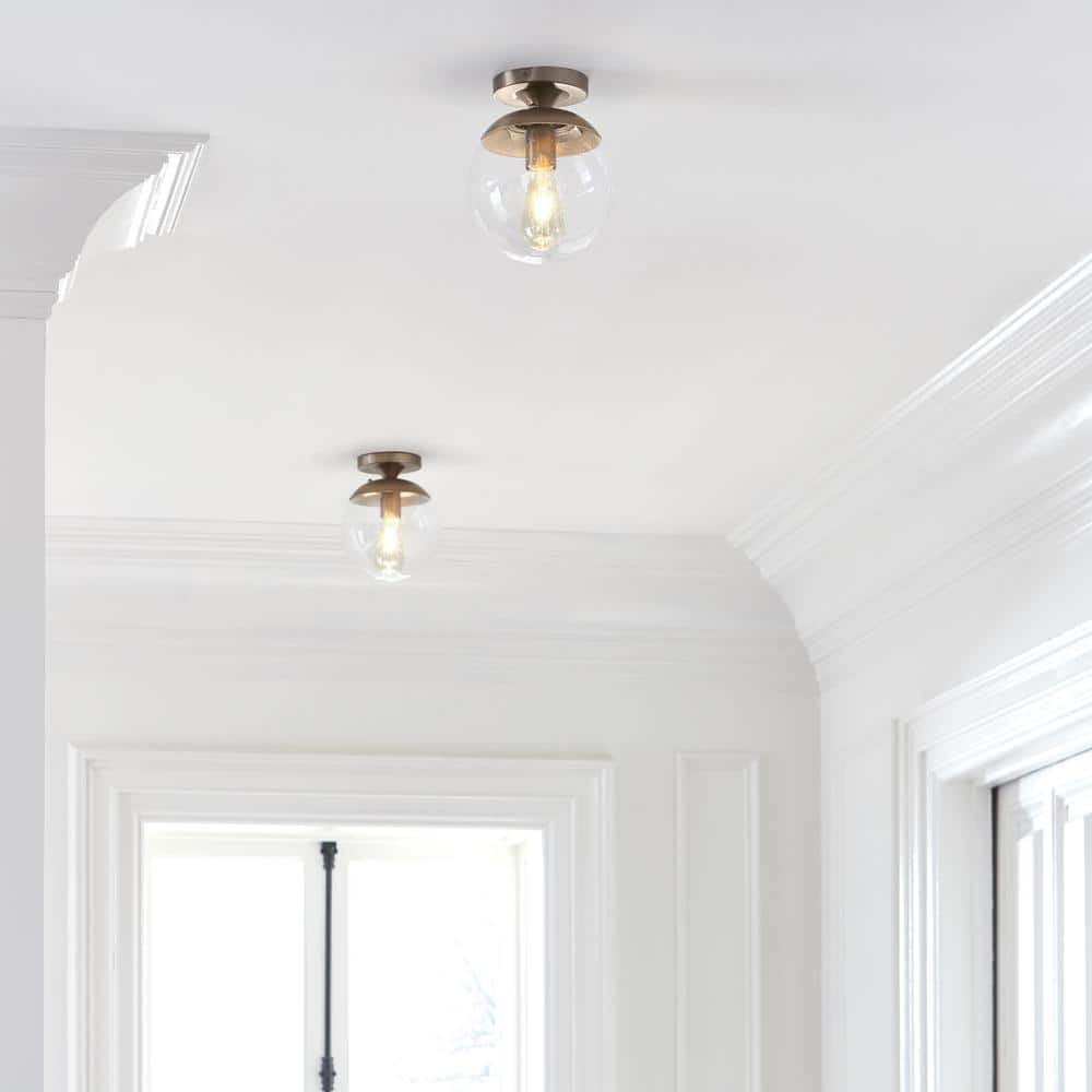 Satin Brass Globe Semi-Flush Mount Light with Clear Glass