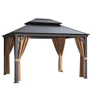 10 ft. x 12 ft. Aluminum Outdoor Black Gazebo with Galvanized Steel Roof, Mosquito Netting and Curtains