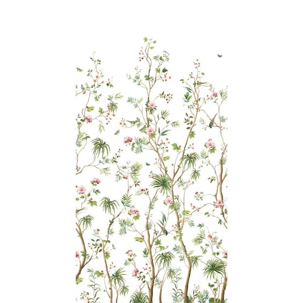 NextWall 40.5 sq. ft. Fern and Rosebud Blooming Chinoiserie Vinyl Peel and Stick Wall Mural (54 in. W x 108 in. H)