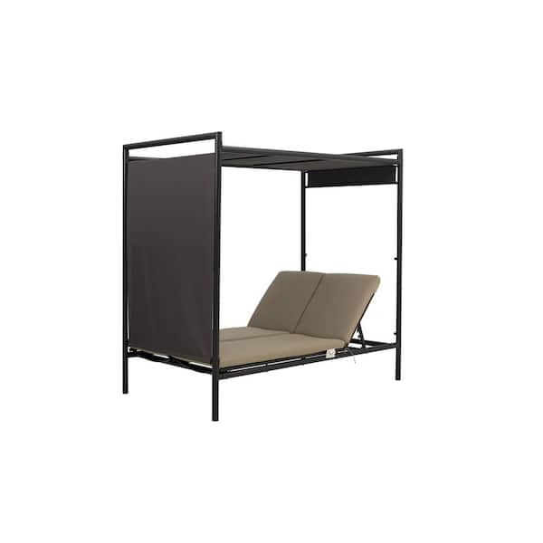 Metal Outdoor Adjustable Canopy Day Bed Double Chaise Lounge with Gray Cushions