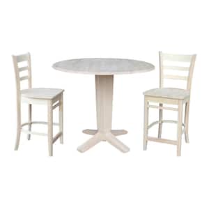 Aria Unfinished Solid Wood 42 in. Drop-Leaf Counter-height Pedestal Dining Table with 2-Emily Stools, Seats-2