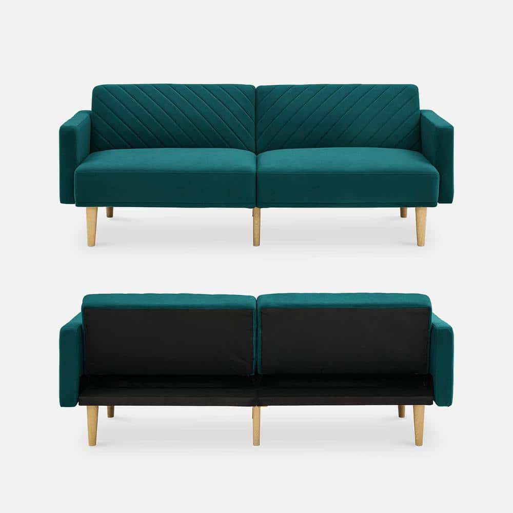 Uixe 77.56 in. W Modern Teal Velvet Upholstered Convertible Folding