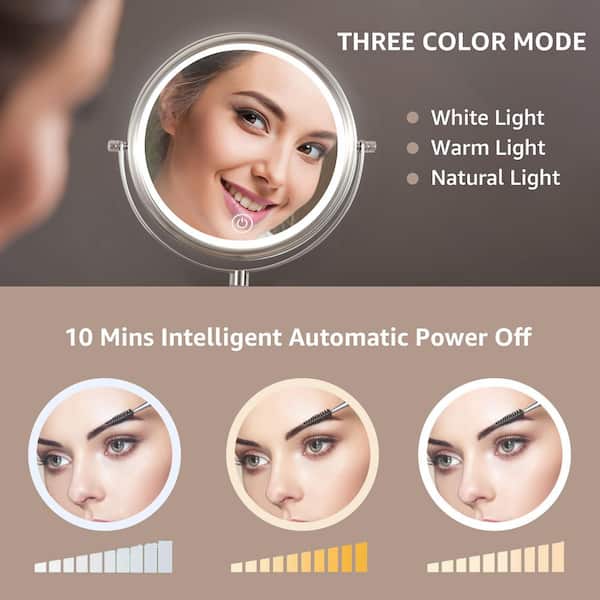 8 in. W x 8 in. H Round LED Vanity Mirror with 3-Color Wall Mounted Bathroom Makeup Mirror 1X/7X Magnification in Nickel