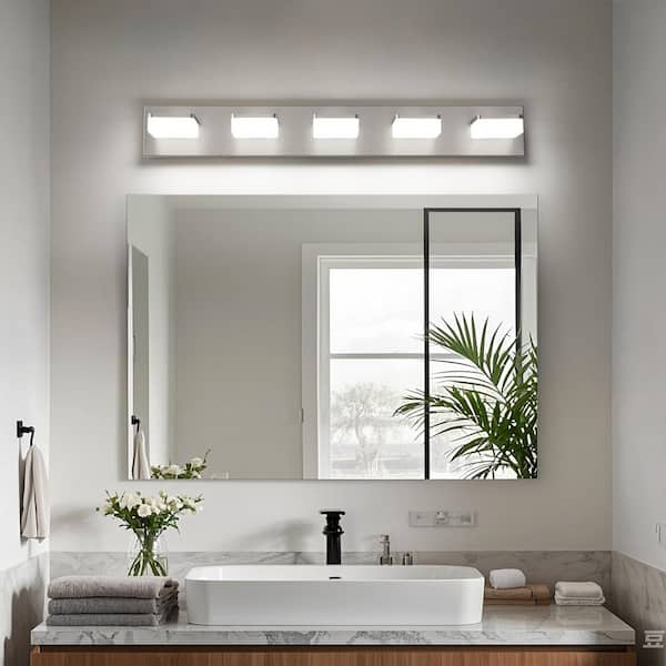 32.28 in. 5-Light Nickel LED Vanity Light with Dimmable 5500K Light and 270° Swivel Range Acrylic Lampshade