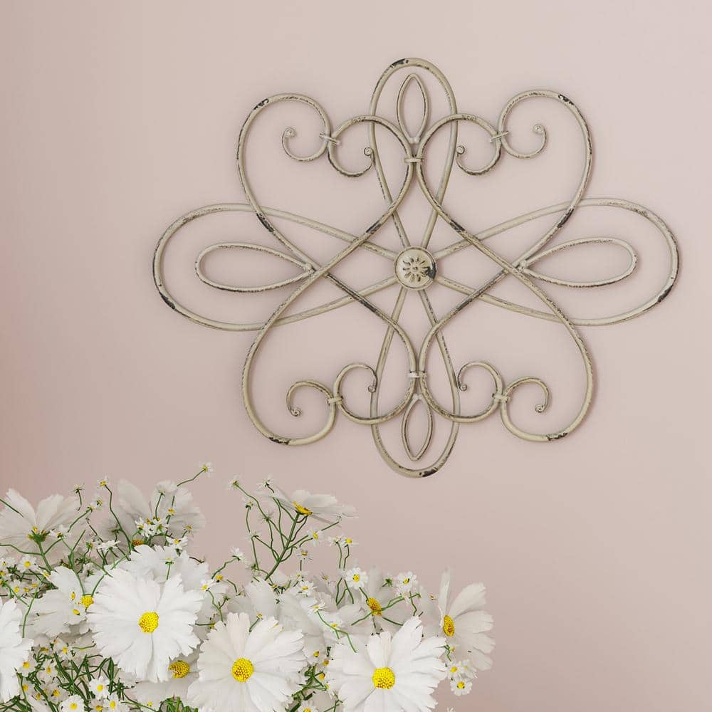 Handcrafted Off-White Iron Medallion Wall Art with Distressed Finish
