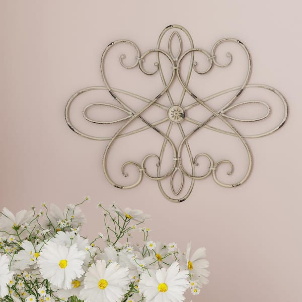Lavish Home 15 in. H x 0.4 in. W Off-White Medallion Metal Wall Art - Oval Swirl Metal Home Decor