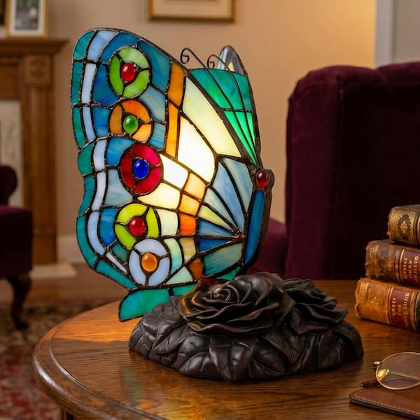 8.5 in. Multi-Color Tiffany Style Rounded Wing Butterfly LED Table Lamp