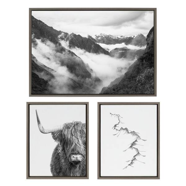 Kate and Laurel BW Highland Cow No.1, Mountains, and Inca Trail Framed Animal Canvas Wall Art Print 33 in. x 23 in. (Set of 2)