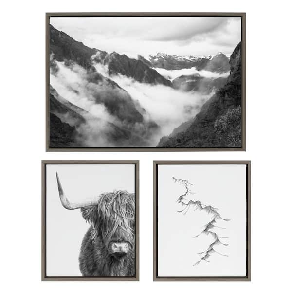 Kate and Laurel BW Highland Cow No.1, Mountains, and Inca Trail Framed Animal Canvas Wall Art Print 33 in. x 23 in. (Set of 2)