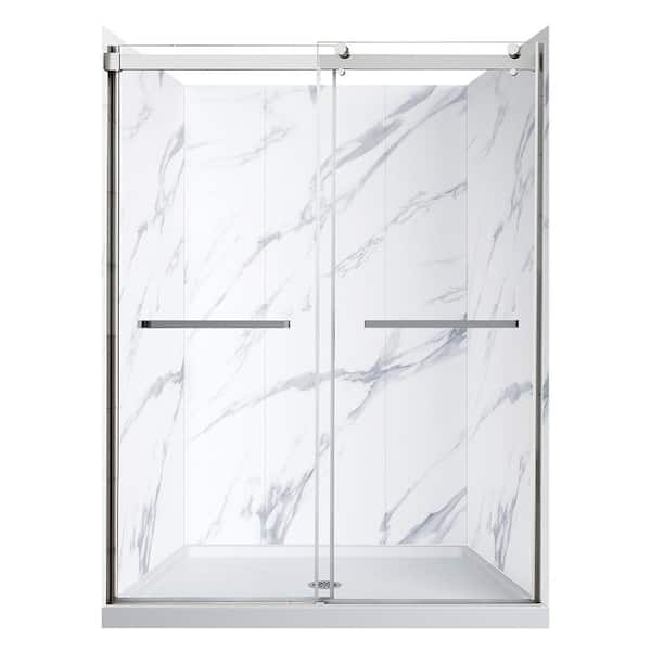 Lagoon Double Roller 48 in. L x 34 in. W x 78 in. H Center Drain Alcove Shower Kit in Carrara and Silver Hardware