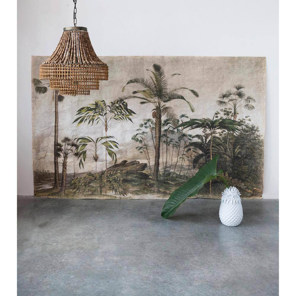 Storied Home Metal Rattan and Wood Bead Chandelier Brown: ETL Listed, Iron Canopy, Adjustable Height