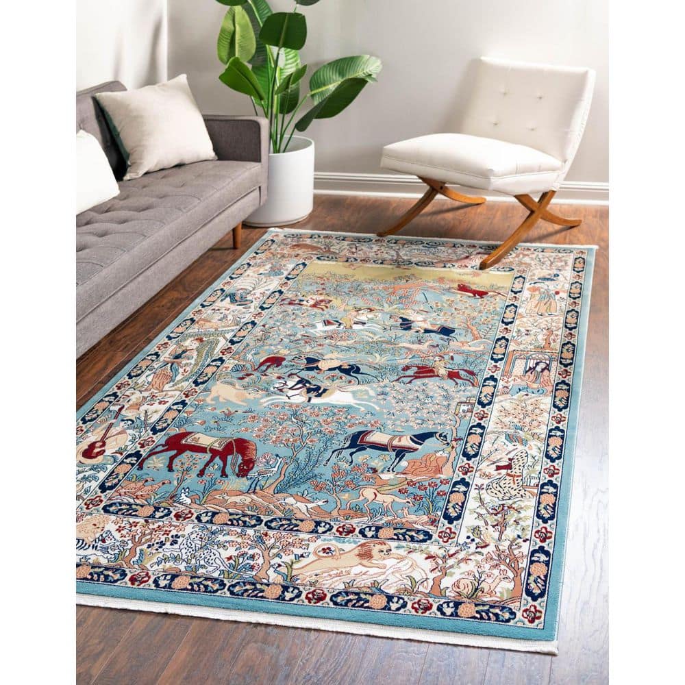 Blue and Tan Floral Synthetic 8' x 10' Area Rug