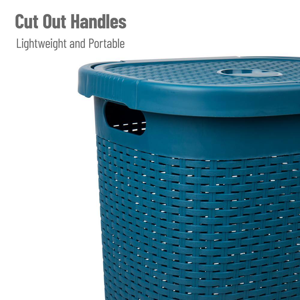 Blue Wicker Design Plastic Upright Hamper with Lid