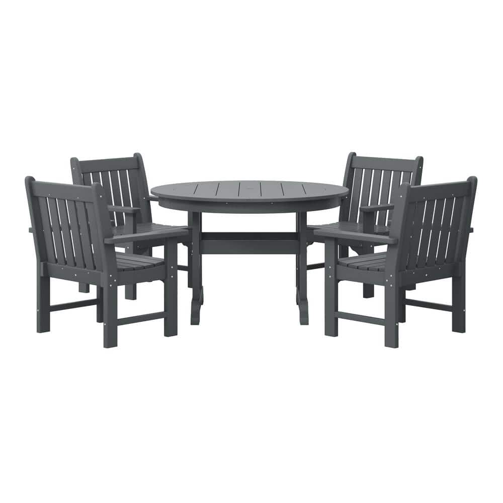 Laguna 5-Piece Outdoor Patio Poly Plastic Fade Resistant Garden Arm Chair and Round Trestle Table Dining Set in Gray price history on PriceWatchPro