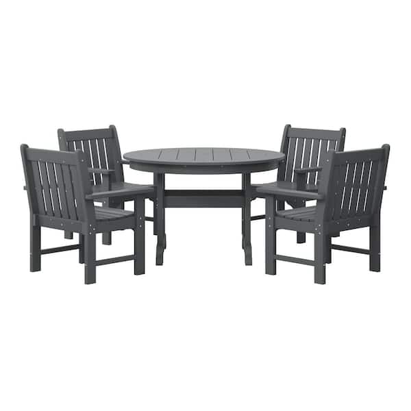 Laguna 5-Piece Outdoor Patio Poly Plastic Fade Resistant Garden Arm Chair and Round Trestle Table Dining Set in Gray