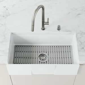 Matte Stone White Composite 33 in. Single Bowl Farmhouse Apron-Front Kitchen Sink with Strainer and Silicone Grid
