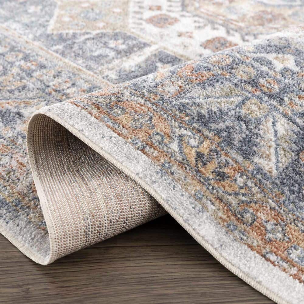 Light Blue and Beige Polyester Medallion Area Rug, 5'3" x 7'