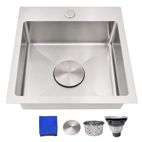 18 Gauge Stainless Steel 15 in. 1-Hole Drop In Bar Sink with Brushed Finish, Single Bowl Square Wet Bar for Outdoor