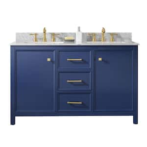54 in. W x 22 in. D Vanity in Blue with Marble Vanity Top in White with White Basin with Backsplash