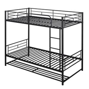 Black Twin Over Twin Size Metal Bunk Bed with shelf and Slatted Support No Box Spring Needed