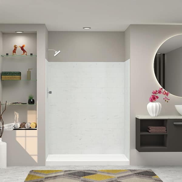 Transolid SaraMar 36 in. x 60 in. x 72 in. 3-Piece Easy Up Adhesive Alcove Shower Wall Surround in White Venito