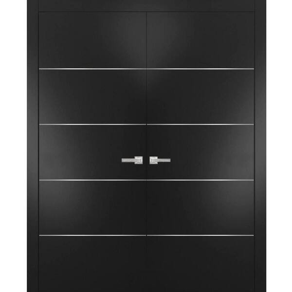 Sartodoors 0020 60 in. x 96 in. Flush No Bore Black Finished Pine Wood Interior Door Slab with French Hardware Included