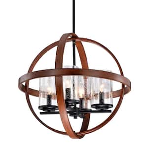 Orbit 4-Light Black and Wood Finish Modern Globe Chandelier with Seedy Glass Shades