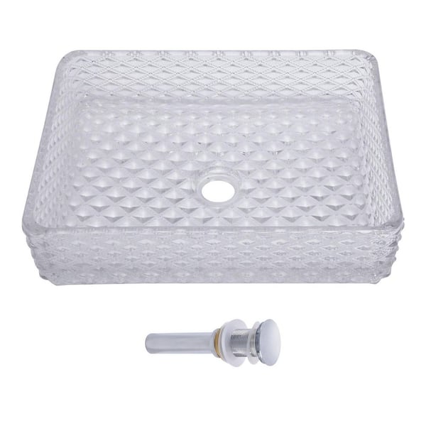 17-1/2 in. Clear Crystal Glass Rectangular Vessel Bathroom Sink with Chrome Pop-up Drain