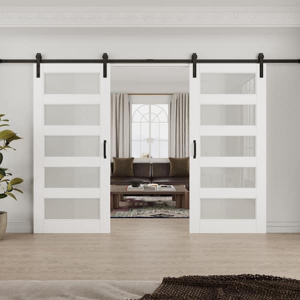 72 in. x 96 in. 5-Lites with Frosted Glass White MDF Sliding Barn Door with Hardware Kit (Soft Close Include)