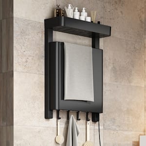 16 in. Wall-Mounted Electric Plug-in Lavatory Towel Warmer Single Towel Holder with Heated Towel Bars, 4-Hooks, in Black