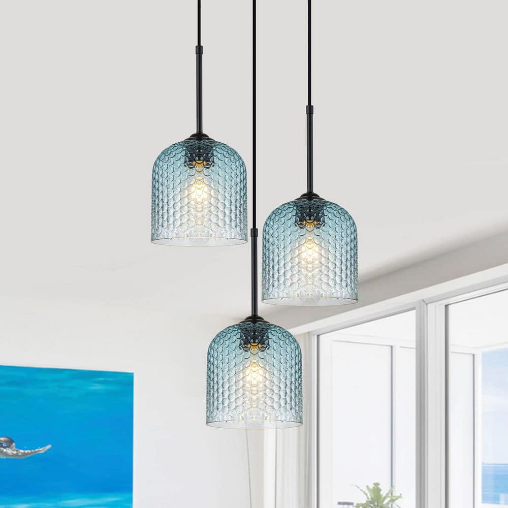 17 in. 3-Light Matte Black Pendant Light Chandelier with Textured Gradient Blue Glass Shades price history on PriceWatchPro