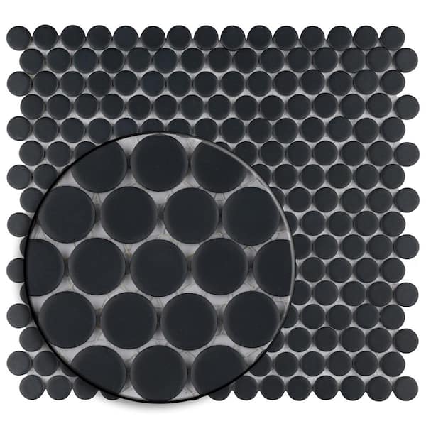 Merola Tile - Hudson Penny Round Matte Black 12 in. x 12-5/8 in. Porcelain Mosaic Tile (10.7 sq. ft./Case)