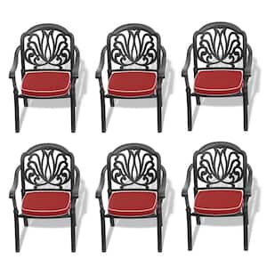 Black Stackable Cast Aluminum Patio Outdoor Dining Chairs with Random Color Seat Cushions (Set of 6)
